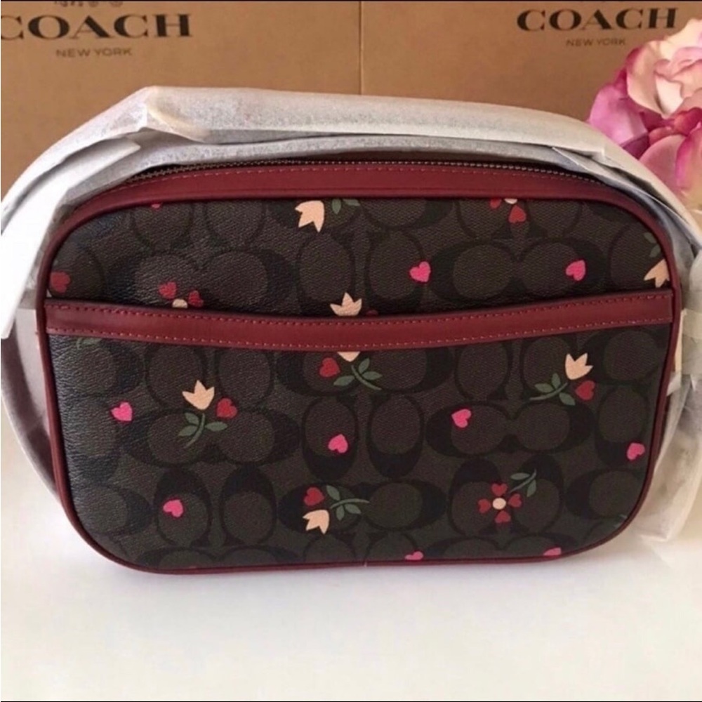 Coach Jes Red Leather Crossbody In Signature Canvas With Heart Petal Print - Picture 9 of 11